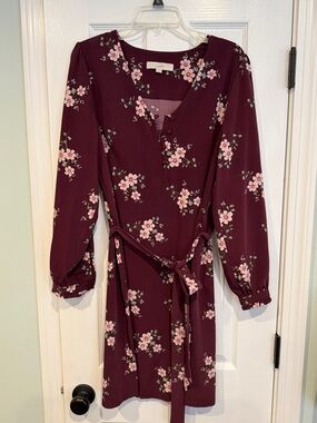LOFT Burgundy Floral Long-Sleeve Wrap Dress